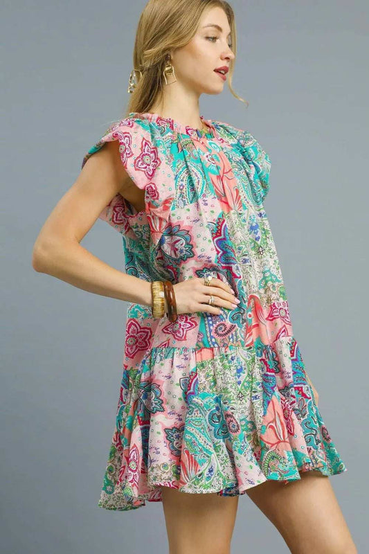 Umgee Printed Ruffle Cap Sleeve Mini Dress - Trendsi - Flyclothing LLC