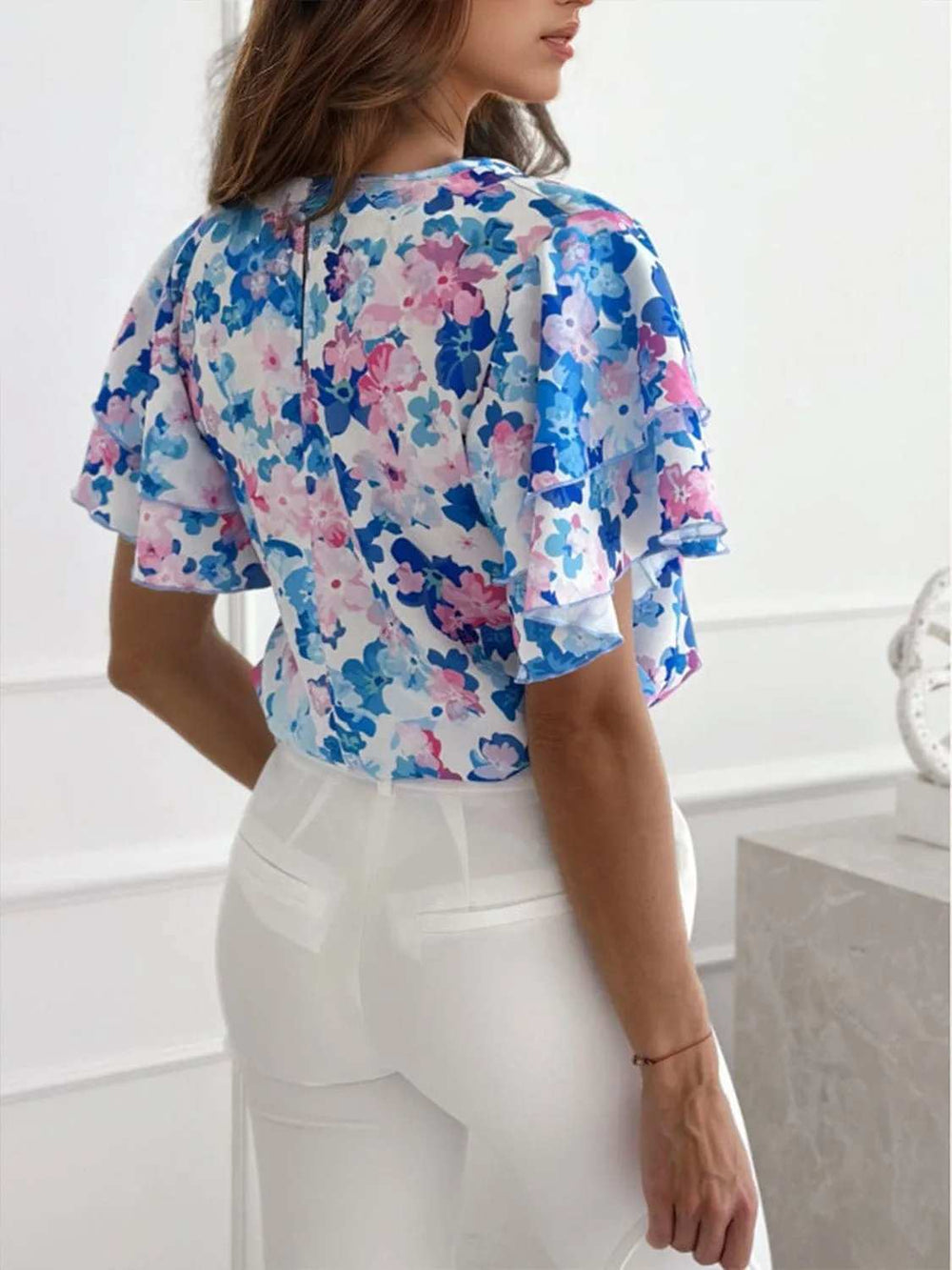 Floral Round Neck Flutter Sleeve Blouse - Trendsi - Flyclothing LLC