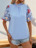 Embroidered Mock Neck Puff Sleeve Blouse - Trendsi