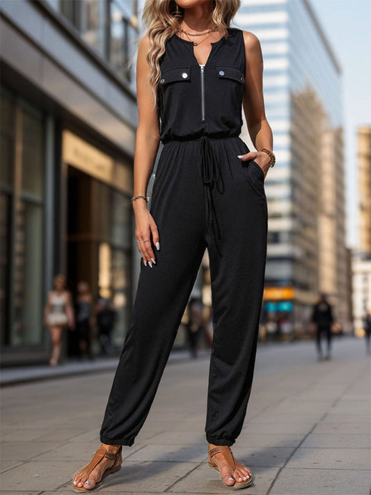 Half Zip Sleeveless Jumpsuit with Pockets - Trendsi