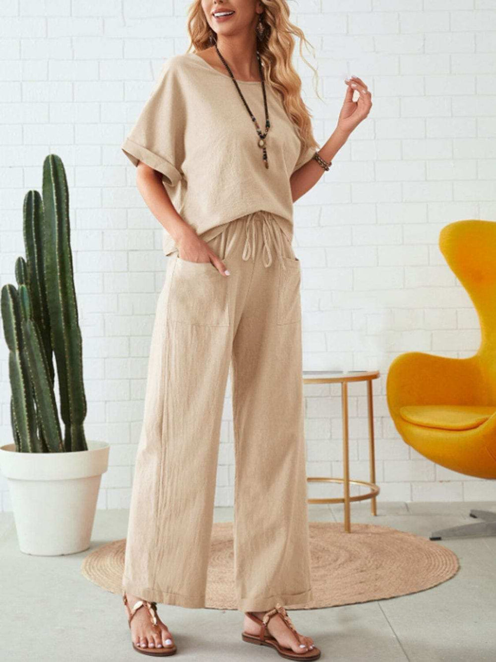 Round Neck Half Sleeve Top and Pocketed Pants Set - Trendsi - Flyclothing LLC