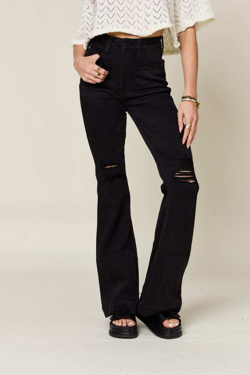 Judy Blue Full Size High Waist Distressed Flare Jeans - Trendsi - Flyclothing LLC