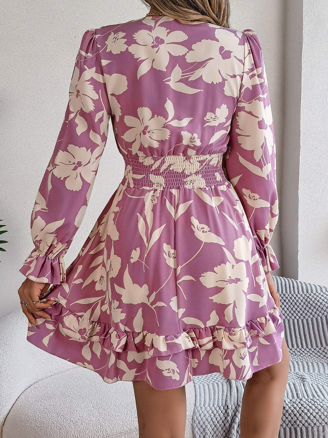Tied Ruffled Printed Long Sleeve Dress - Trendsi - Flyclothing LLC
