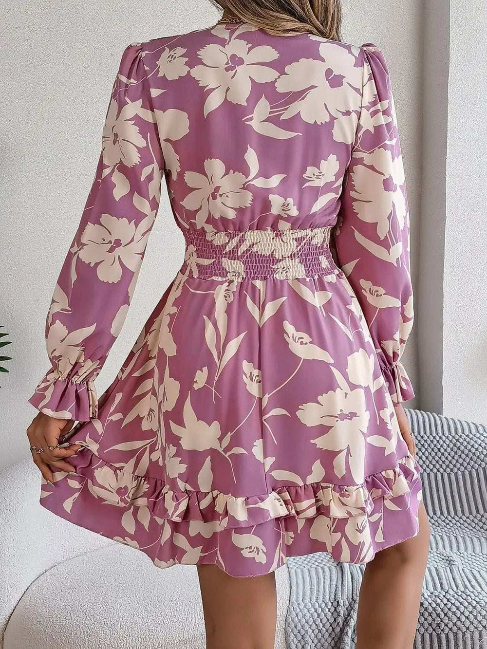 Tied Ruffled Printed Long Sleeve Dress - Trendsi - Flyclothing LLC