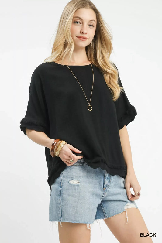 Umgee Linen Frayed Hem Scallop Edge Top - Trendsi - Flyclothing LLC