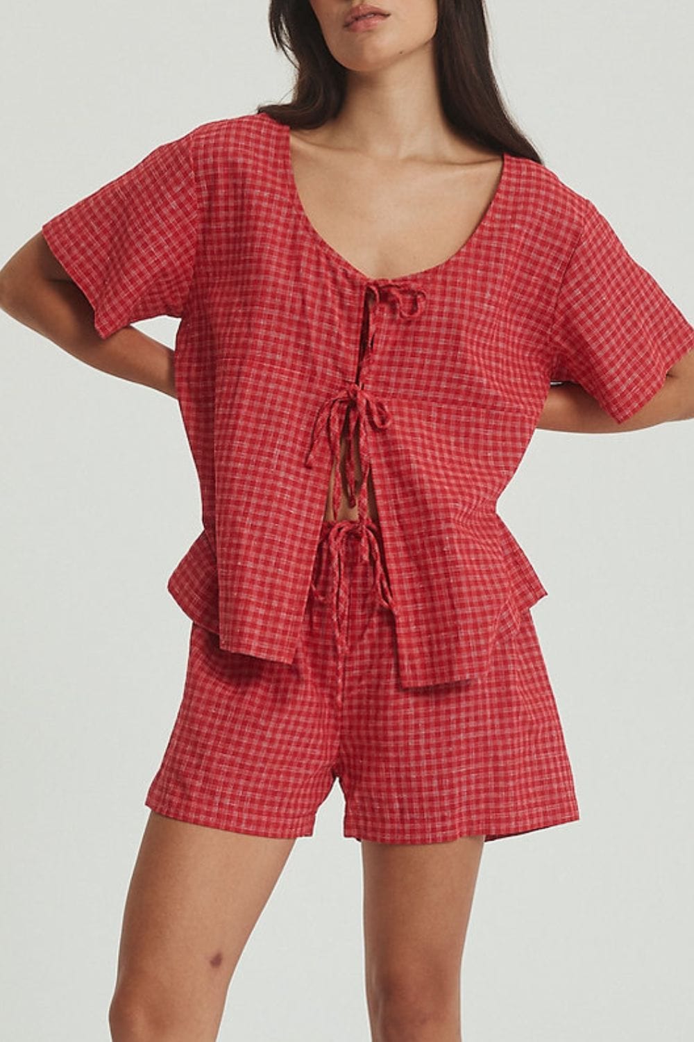 Plaid Tied Scoop Neck Short Sleeve Top and Drawstring Shorts Set - Trendsi