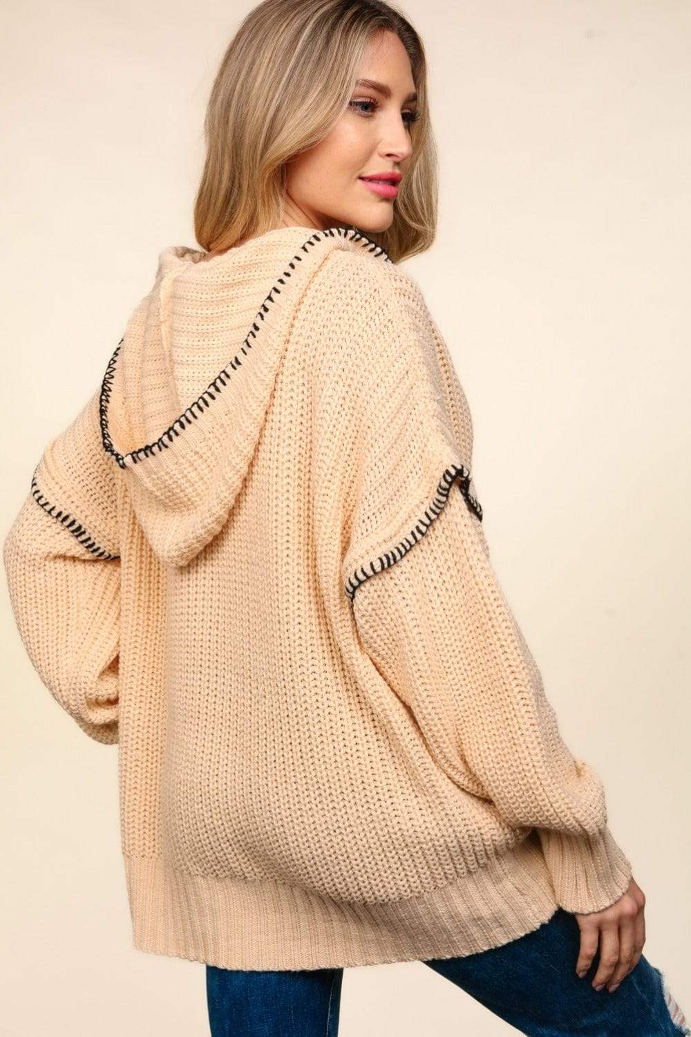Haptics Contrast Stitching Long Sleeve Hooded Sweater - Trendsi - Flyclothing LLC