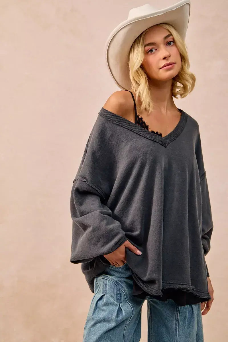 BiBi Mineral Washed French Terry Oversized Sweatshirt - Trendsi - Flyclothing LLC