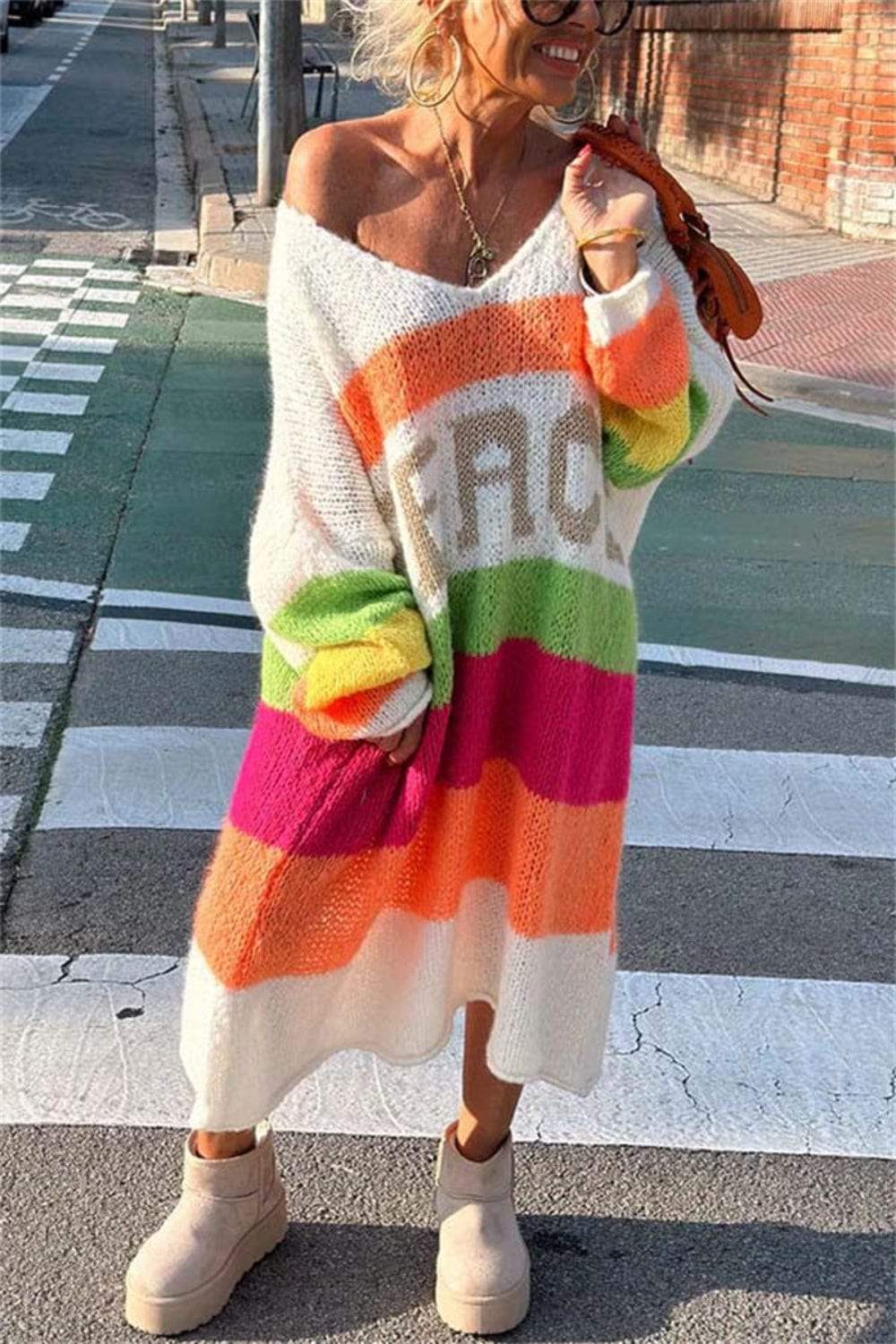 Color Block V-Neck Long Sleeve Sweater Dress - Trendsi - Flyclothing LLC