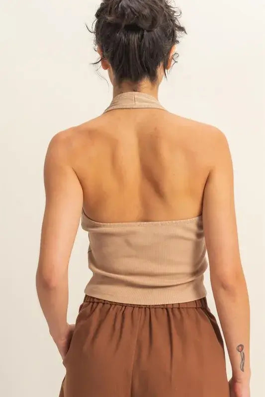 HYFVE Halter Neck Buttoned Washed Top - Trendsi - Flyclothing LLC