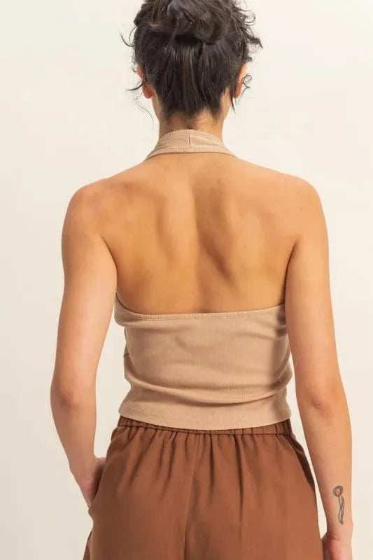 HYFVE Halter Neck Buttoned Washed Top - Trendsi - Flyclothing LLC