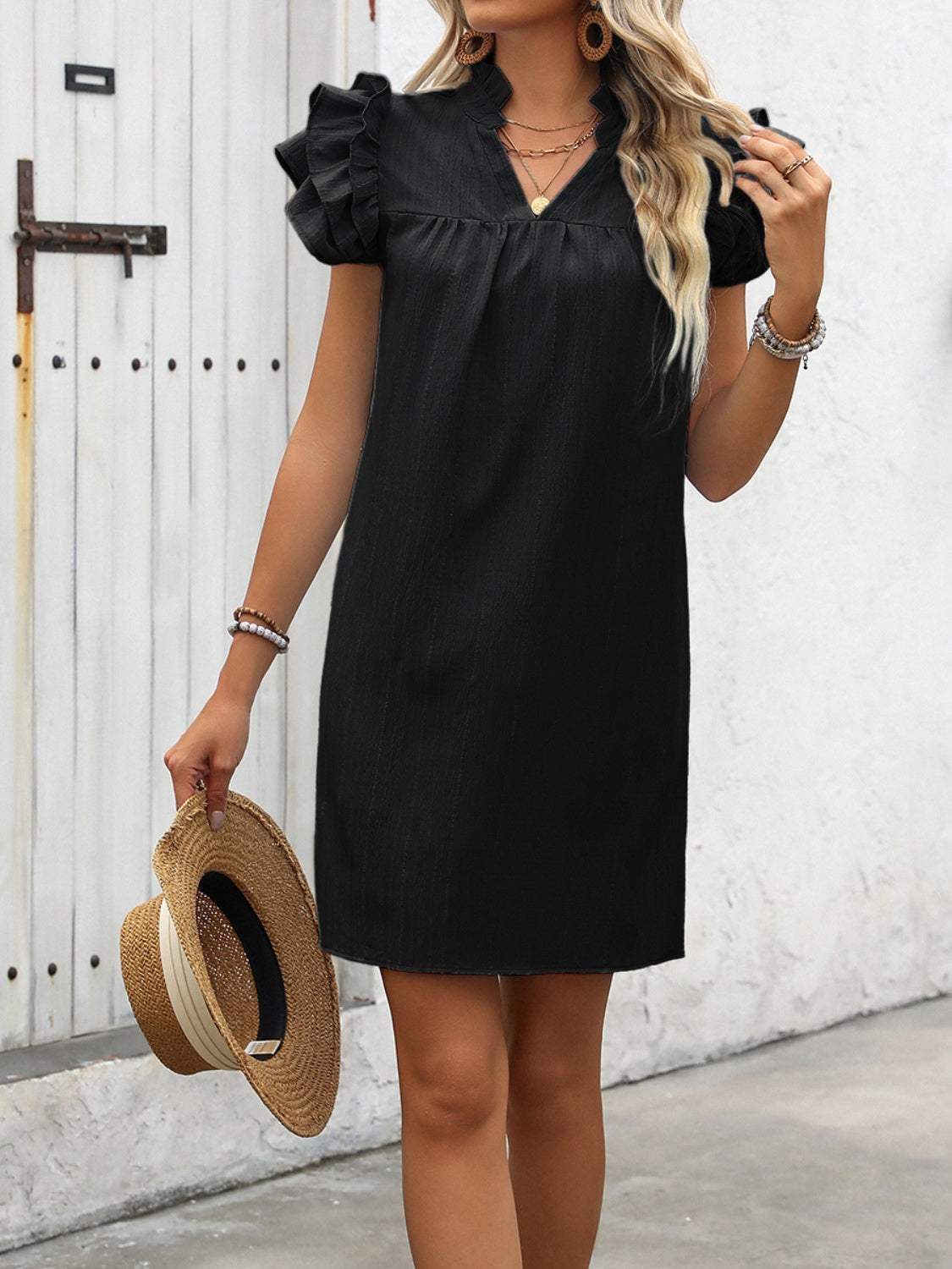 Ruffled Notched Cap Sleeve Mini Dress - Trendsi - Flyclothing LLC