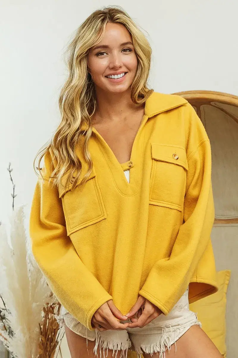 BiBi Flap Pockets Fleece Collared Sweatshirt - Trendsi - Flyclothing LLC