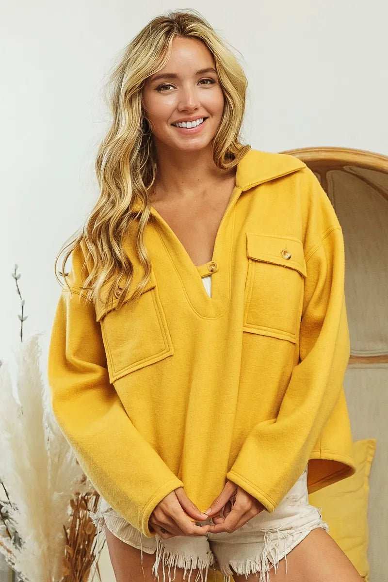 BiBi Flap Pockets Fleece Collared Sweatshirt - Trendsi - Flyclothing LLC