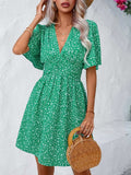 Printed V-Neck Half Sleeve Mini Dress - Trendsi - Flyclothing LLC