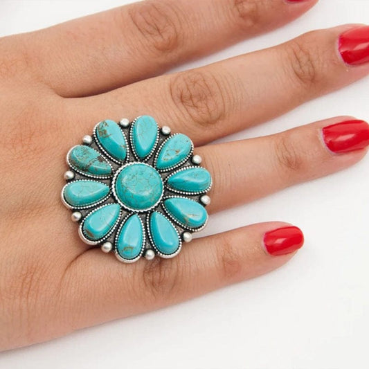 Artificial Turquoise Alloy Flower Ring - Trendsi