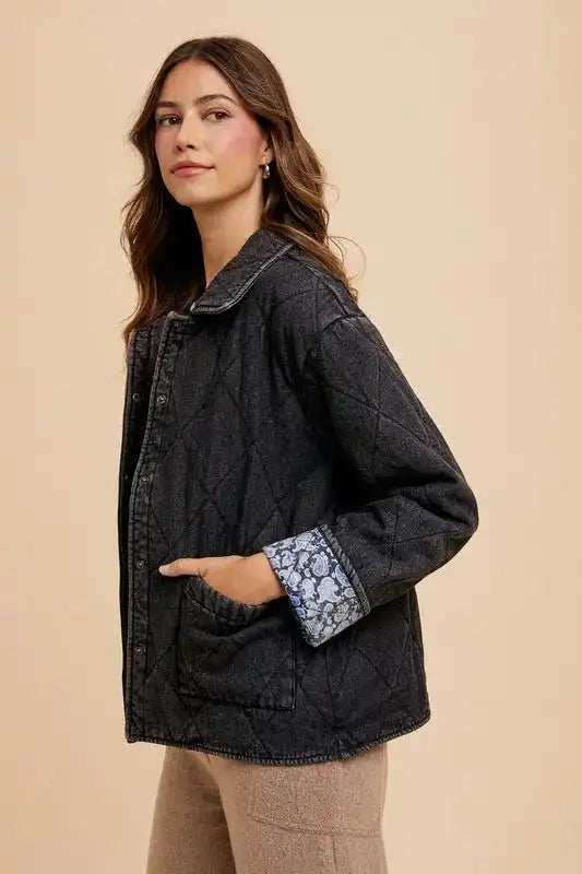 Annie Wear Quilted Printed Lining Snap Down Denim Jacket - Trendsi - Flyclothing LLC