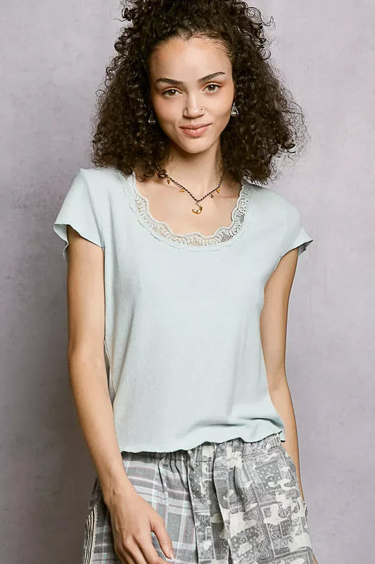 POL Round Neck Short Sleeve Crop T-Shirt with Lace Trim - Trendsi - Flyclothing LLC