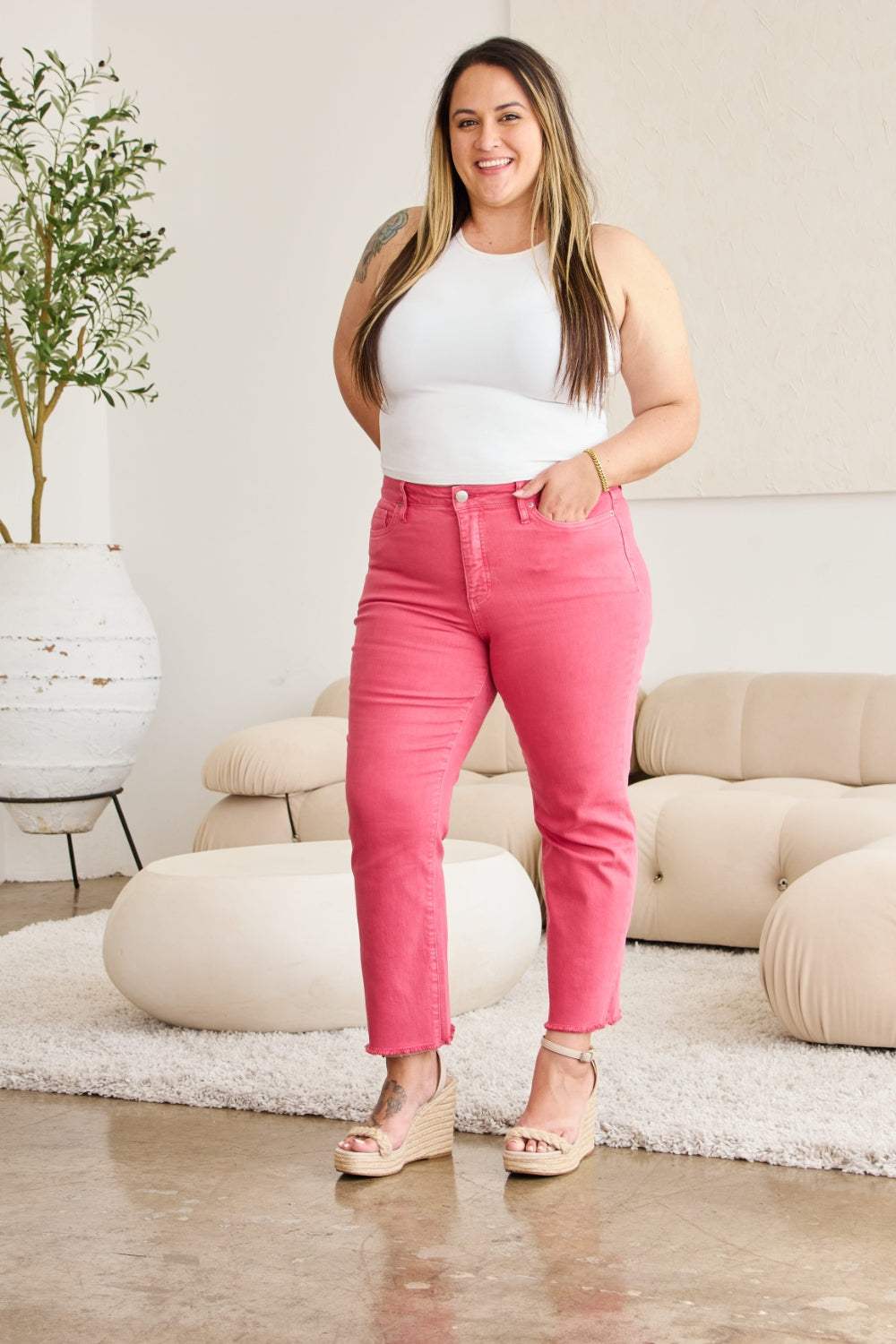 RFM Crop Dylan Full Size Tummy Control High Waist Raw Hem Jeans - Trendsi - Flyclothing LLC