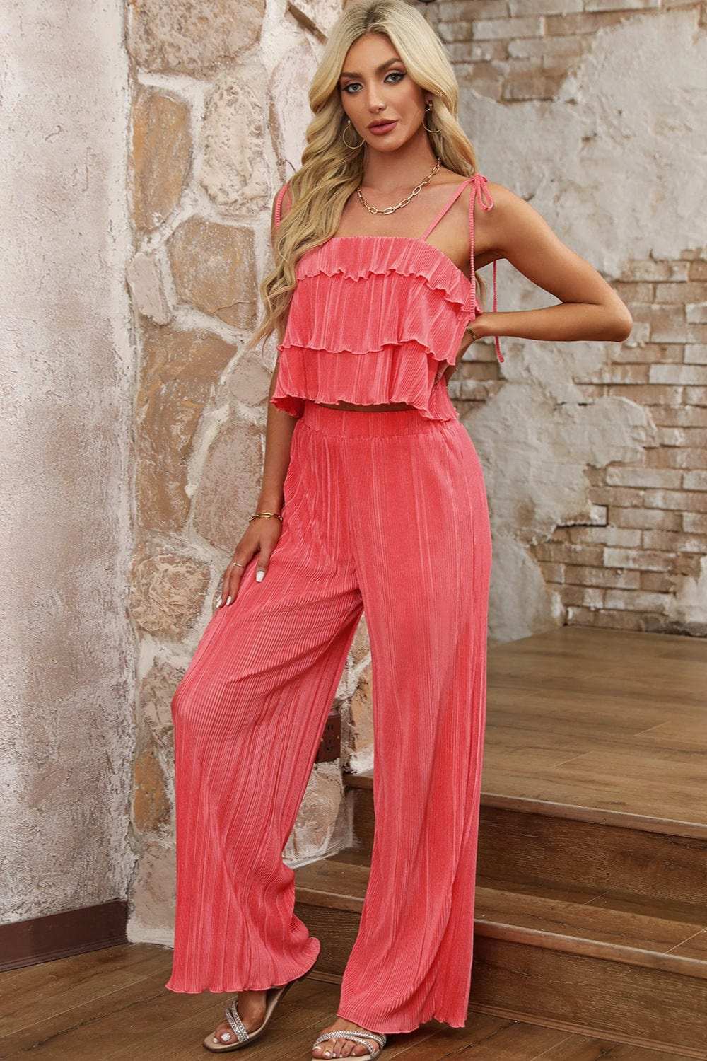 Layered Tie Shoulder Top and Wide Leg Pants Set - Trendsi - Flyclothing LLC