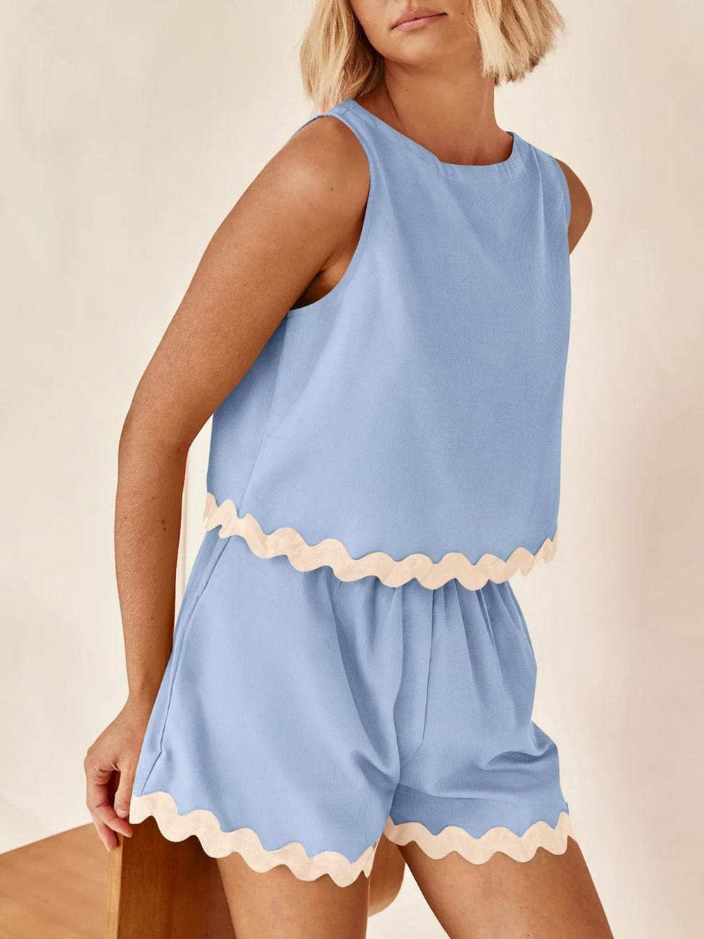 Contrast Trim Round Neck Top and Shorts Set - Trendsi - Flyclothing LLC
