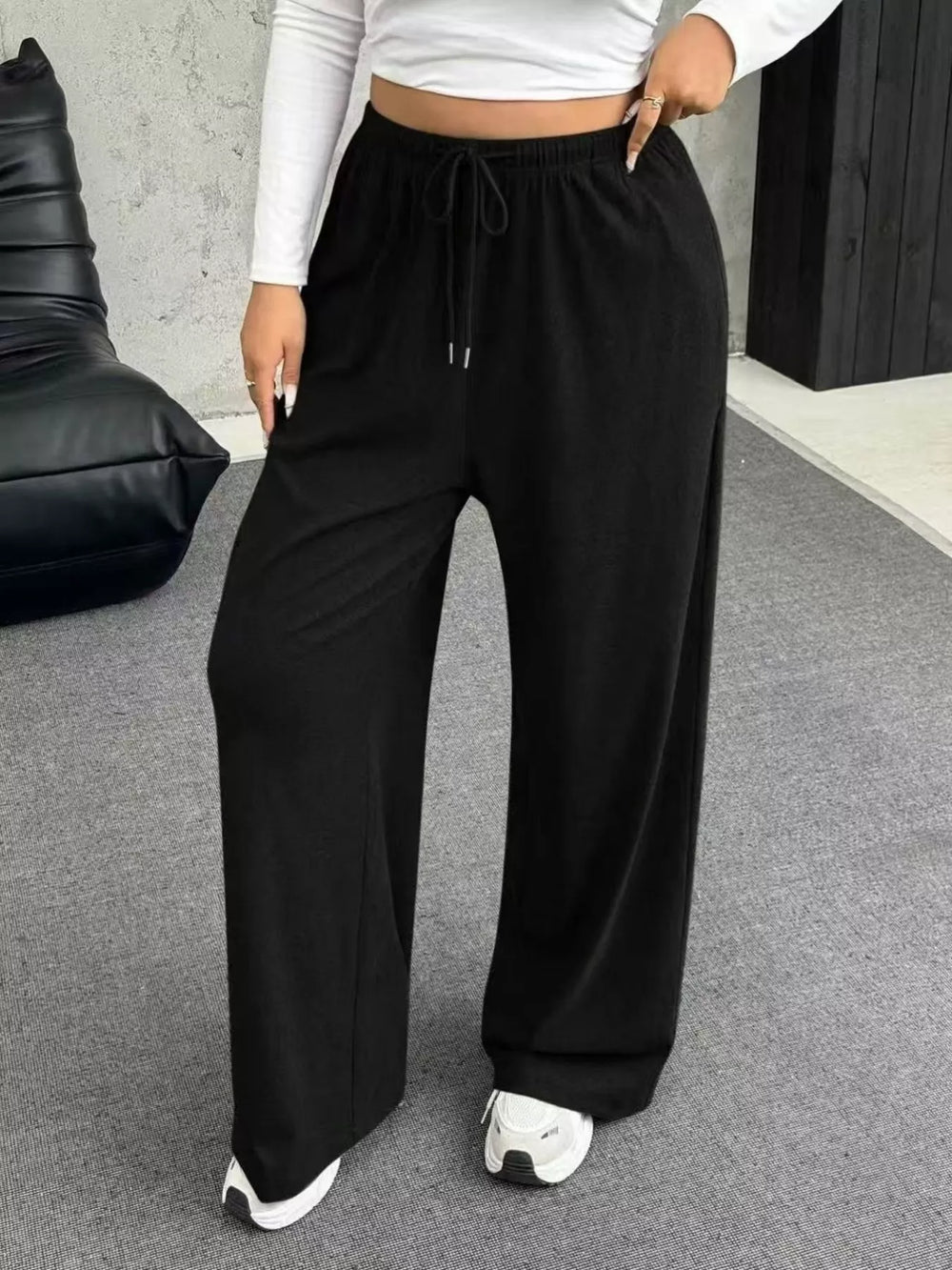 Full Size Drawstring Wide Leg Pants Plus Size - Trendsi - Flyclothing LLC