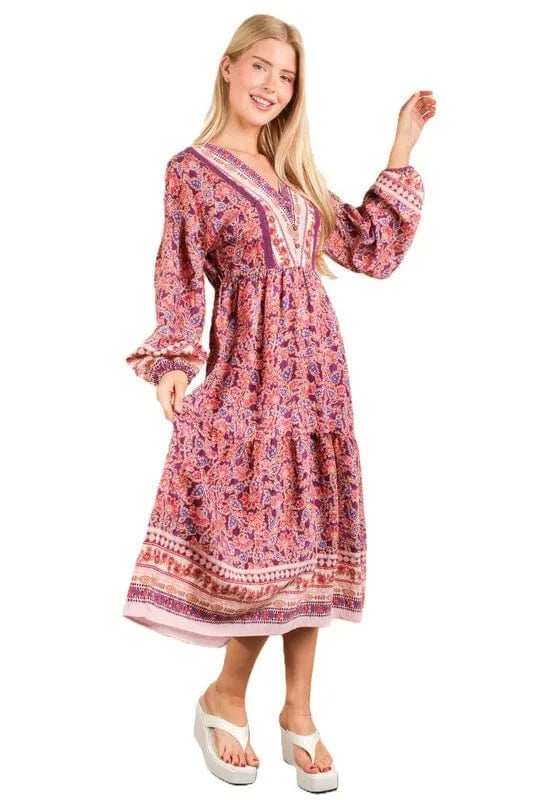 VERY J Floral Printed Boho V-Neck Balloon Sleeve Dress - Trendsi - Flyclothing LLC