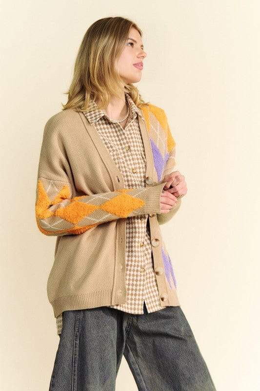 Davi & Dani Argyle V-Neck Dropped Shoulder Cardigan - Trendsi - Flyclothing LLC