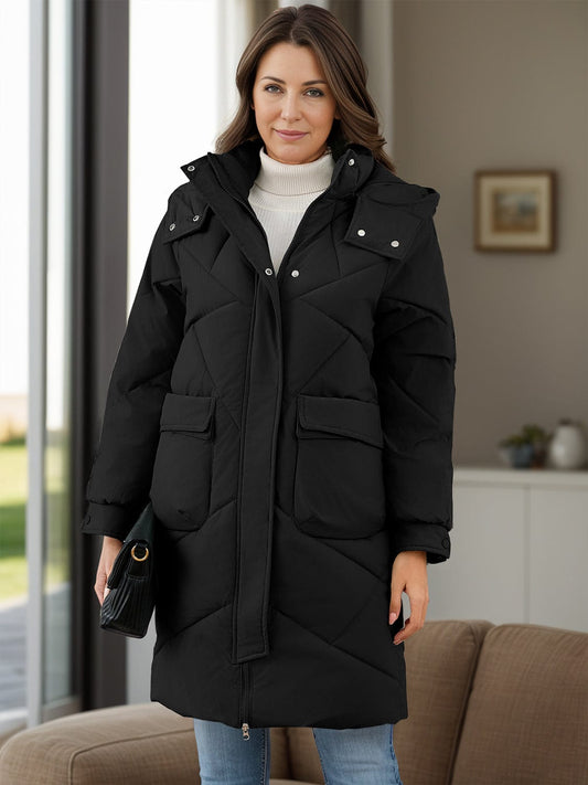 Long Sleeve Longline Hooded Winter Coat with Pockets - Trendsi