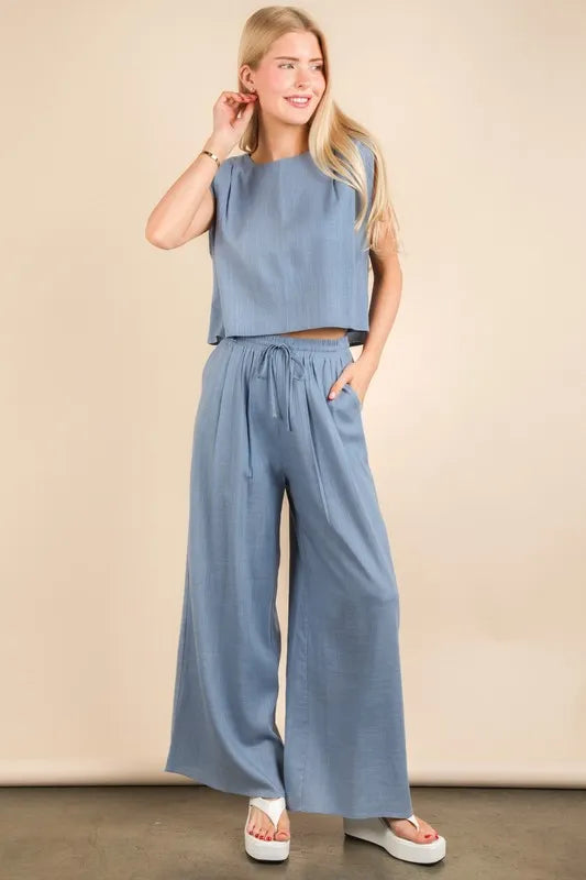 VERY J Solid Woven Top & Pants Set - Trendsi