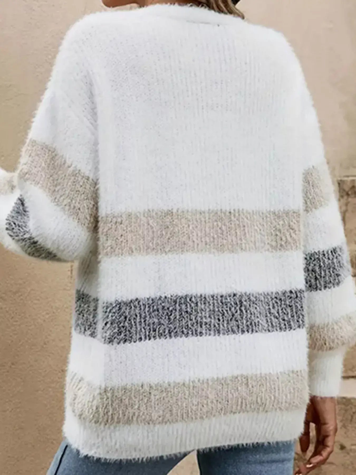 Striped Fuzzy Knit Button-Up Cardigan - Trendsi - Flyclothing LLC