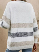 Striped Fuzzy Knit Button-Up Cardigan - Trendsi - Flyclothing LLC