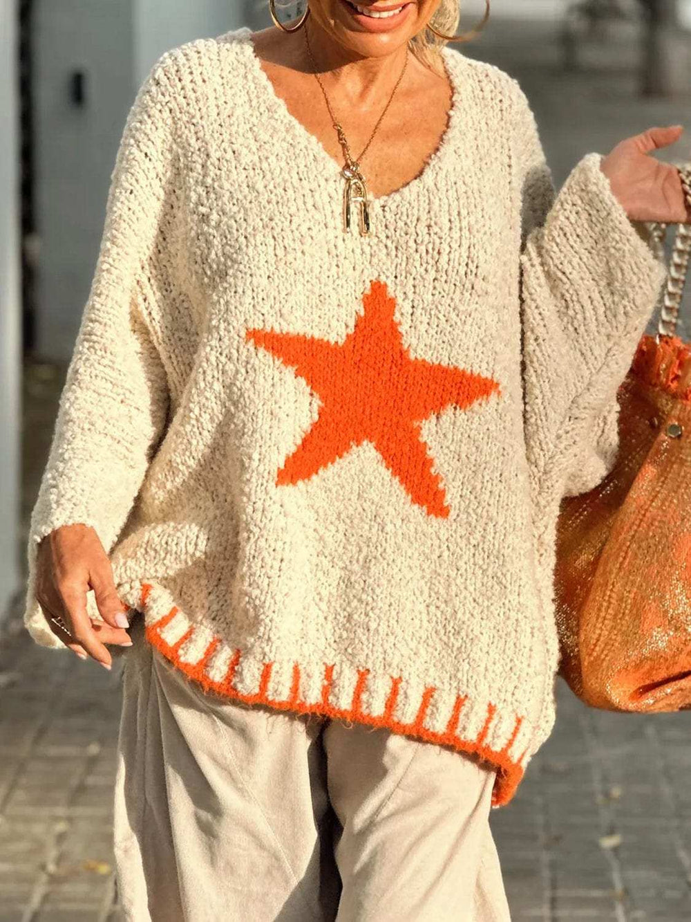 Star V-Neck Long Sleeve Oversize Sweater - Trendsi - Flyclothing LLC