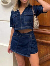 Johnny Collar Short Sleeve Top and Skort Denim Set - Trendsi - Flyclothing LLC