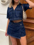 Johnny Collar Short Sleeve Top and Skort Denim Set - Trendsi - Flyclothing LLC