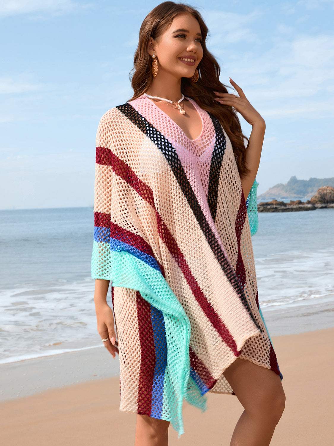 Openwork Color Block Plunge Cover-Up - Trendsi - Flyclothing LLC