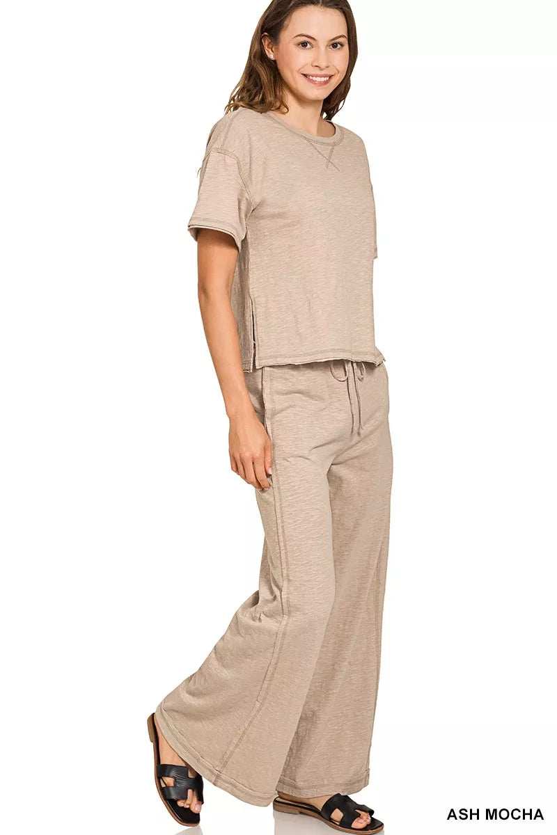 Zenana Cotton Slub Short Sleeve Tee and Pants Set - Trendsi - Flyclothing LLC