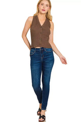 Zenana Ribbed Knit Button-Down Sweater Vest - Trendsi - Flyclothing LLC
