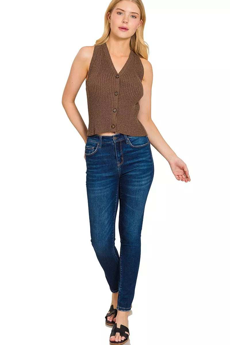 Zenana Ribbed Knit Button-Down Sweater Vest - Trendsi - Flyclothing LLC