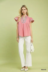 Umgee Embroidered Flutter Sleeve Blouse - Trendsi - Flyclothing LLC