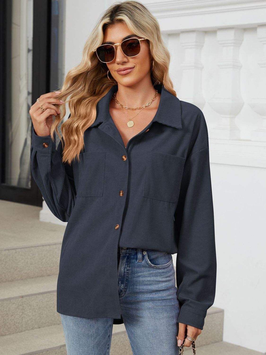 Button Up Dropped Shoulder Long Sleeve Outerwear - Trendsi - Flyclothing LLC