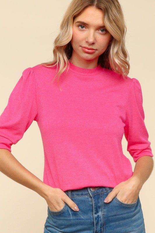 Haptics Tied Back Mock Neck Half Sleeve Knit Top - Trendsi