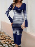 Striped V-Neck Long Sleeve Sweater Dress - Trendsi - Flyclothing LLC