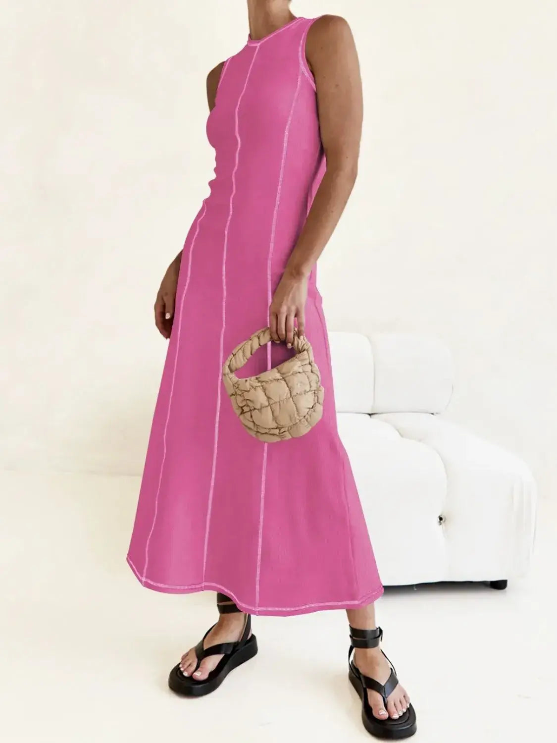Contrast Stitching Round Neck Sleeveless Midi Dress - Trendsi - Flyclothing LLC