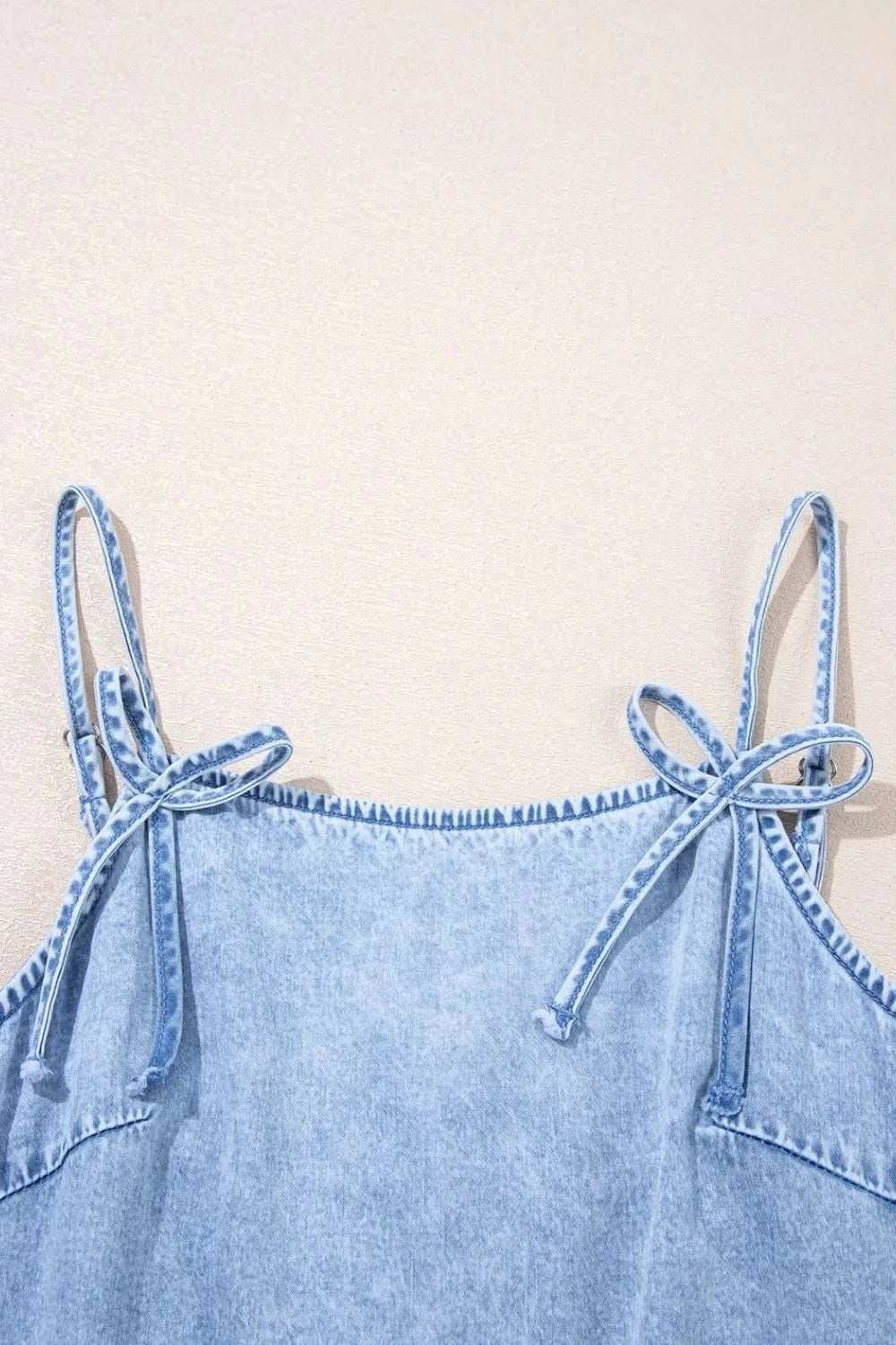 Bow Detail Spaghetti Straps Ruffle Hem Denim Dress - Trendsi - Flyclothing LLC