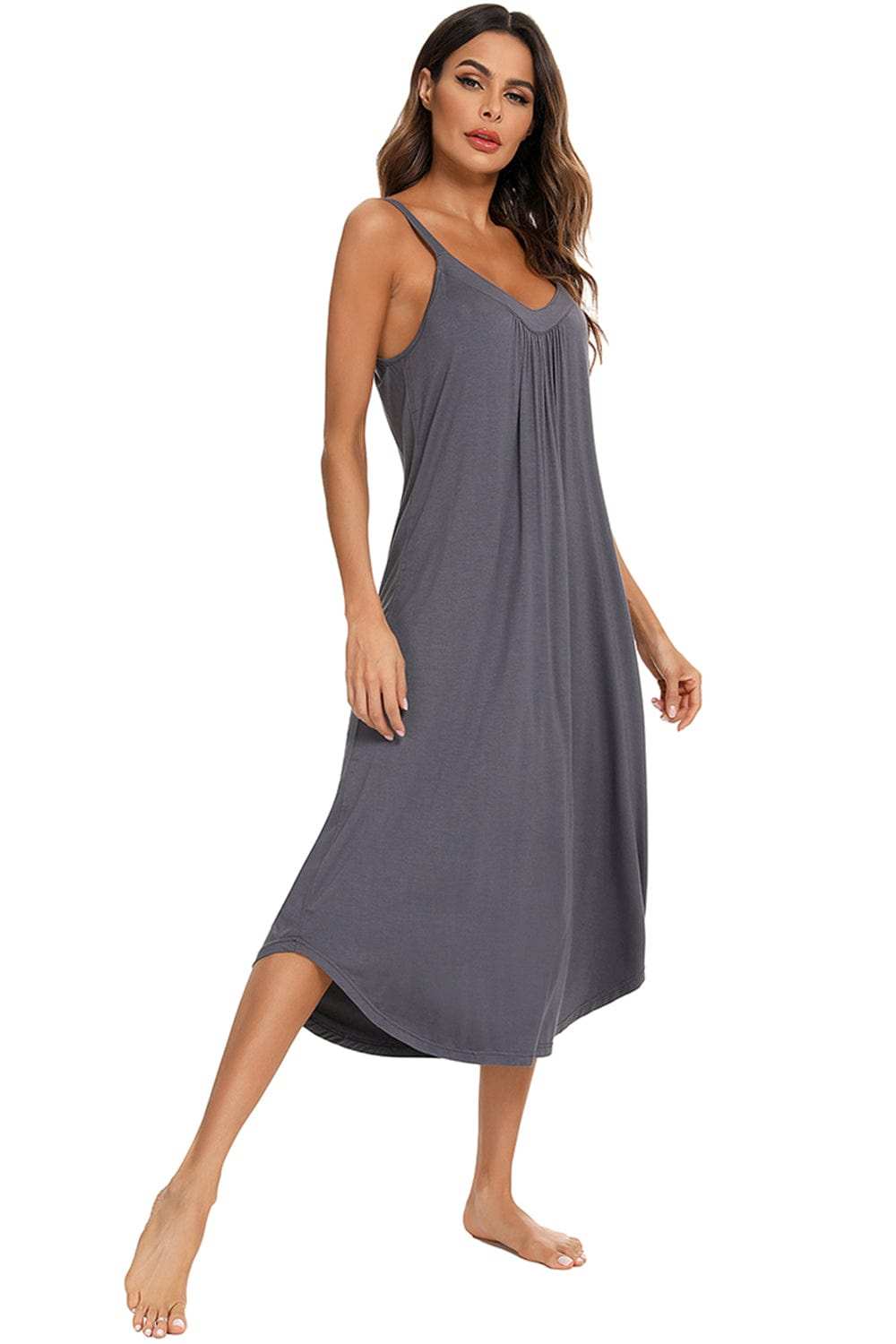 V-Neck Midi Lounge Dress - Trendsi - Flyclothing LLC