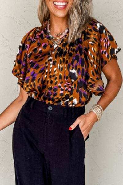 Leopard Notched Short Sleeve Blouse - Trendsi - Flyclothing LLC