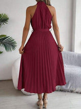 Pleated Tie Waist Sleeveless Midi Dress - Trendsi - Flyclothing LLC