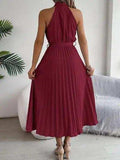 Pleated Tie Waist Sleeveless Midi Dress - Trendsi - Flyclothing LLC