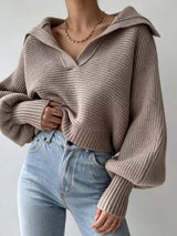 Oversized Collar Ribbed Cropped Sweater - Trendsi - Flyclothing LLC